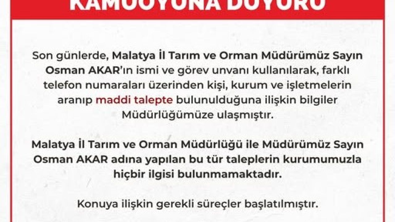 Malatya İl Tarım ve Orman Müdürlüğü'nden Dolandırıcılık Uyarısı